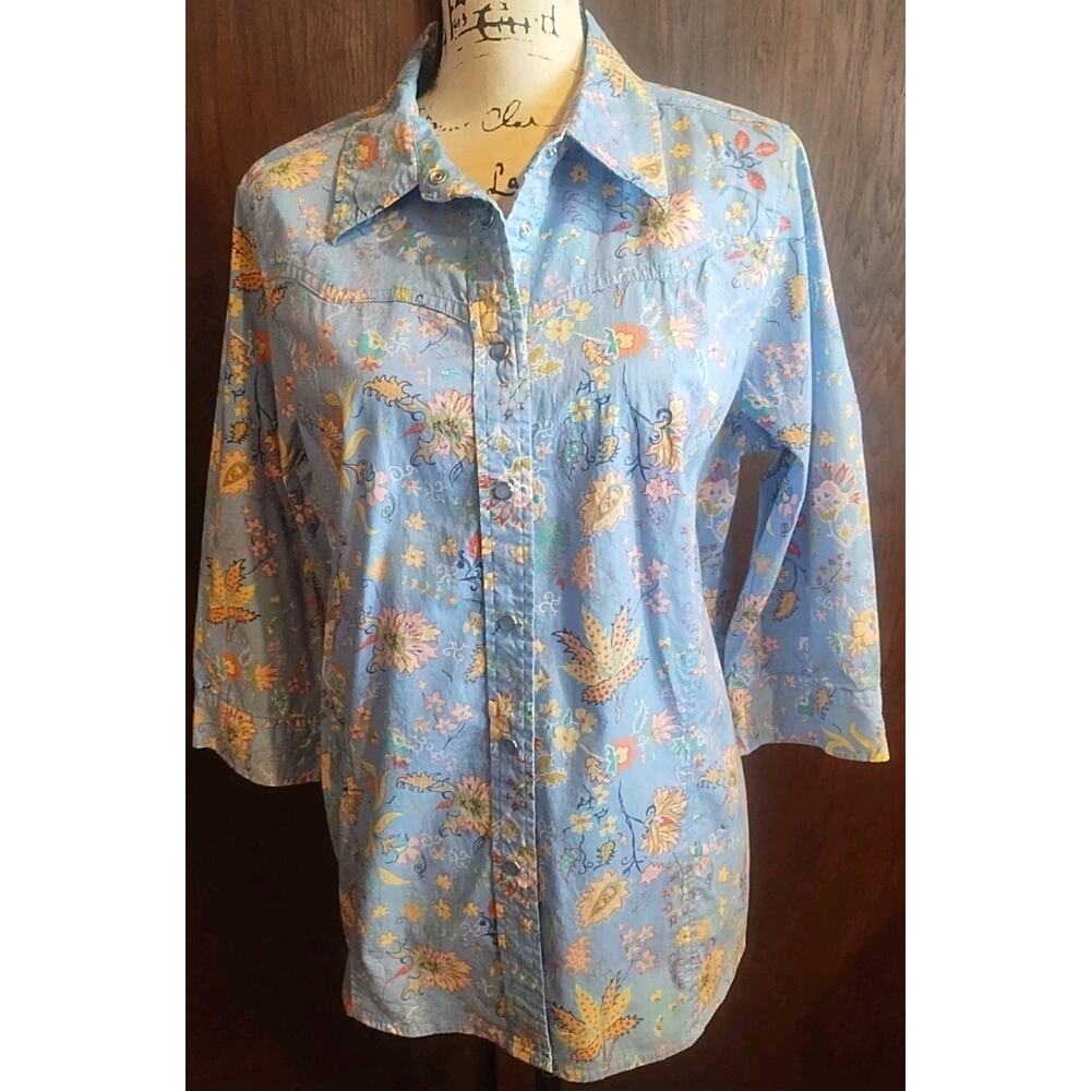 Denim & Co. Floral Western Pearl Snap 3/4 sleeve Shirt Womens Large Blue Cowgirl